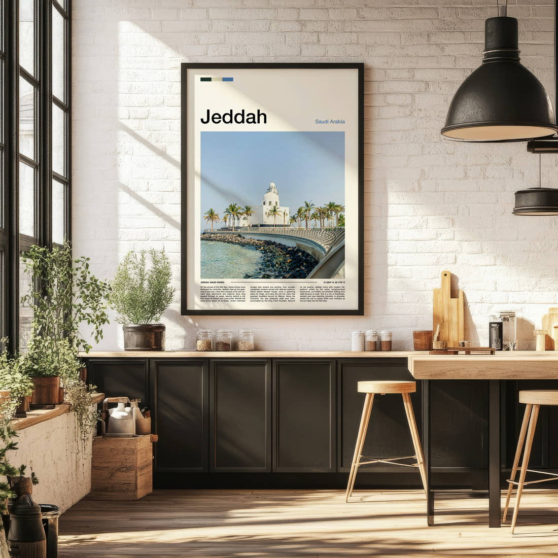 Jeddah Corniche Mosque View Travel Print framed on the wall of a bright kitchen and dining space