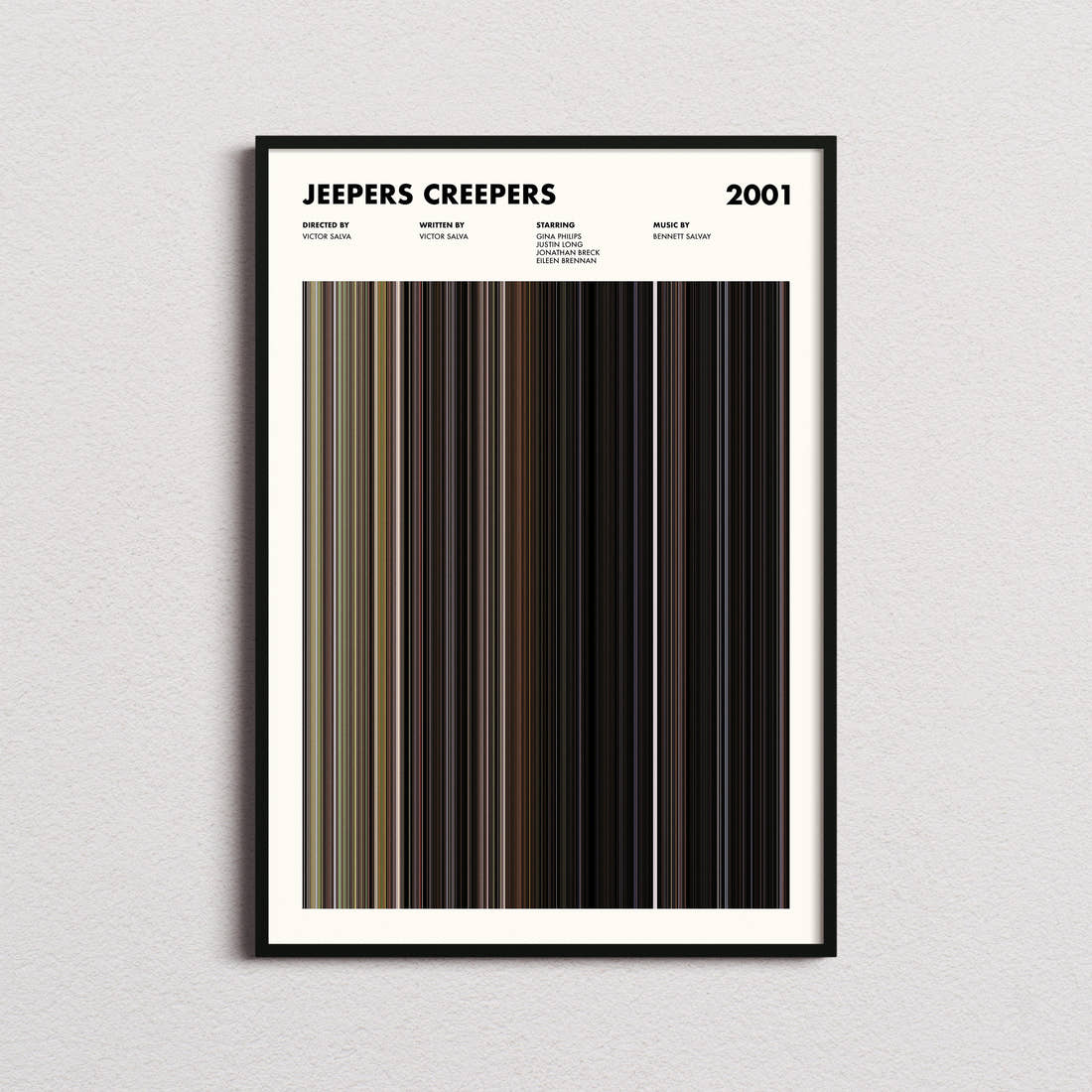 Jeepers Creepers Movie Barcode Poster framed on a plain studio wall