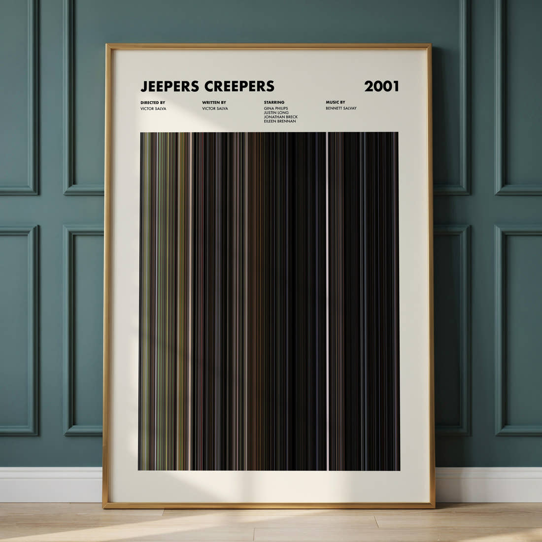 Jeepers Creepers Movie Barcode Poster framed and leaning against a panelled wall