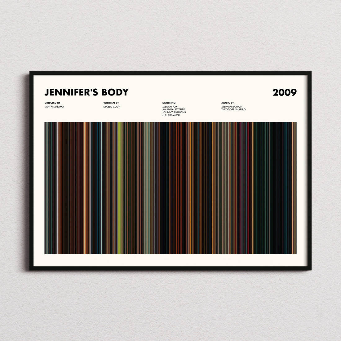 Jennifer's Body Movie Barcode Poster framed and photographed straight on