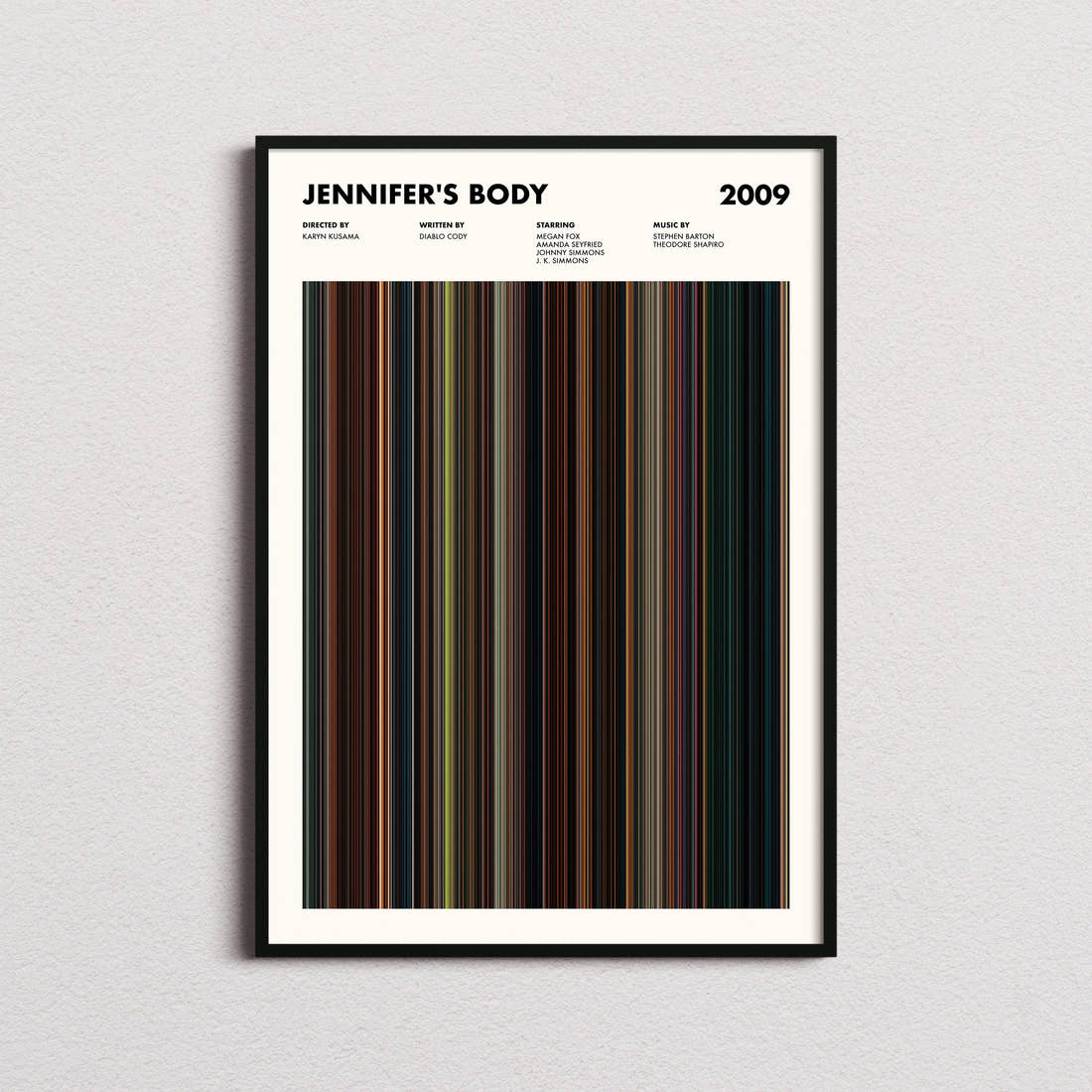 Jennifer's Body Movie Barcode Poster framed on a plain studio wall