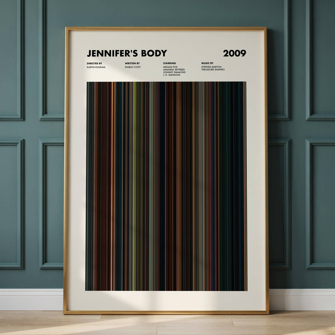 Jennifer's Body Movie Barcode Poster framed and leaning against a panelled wall