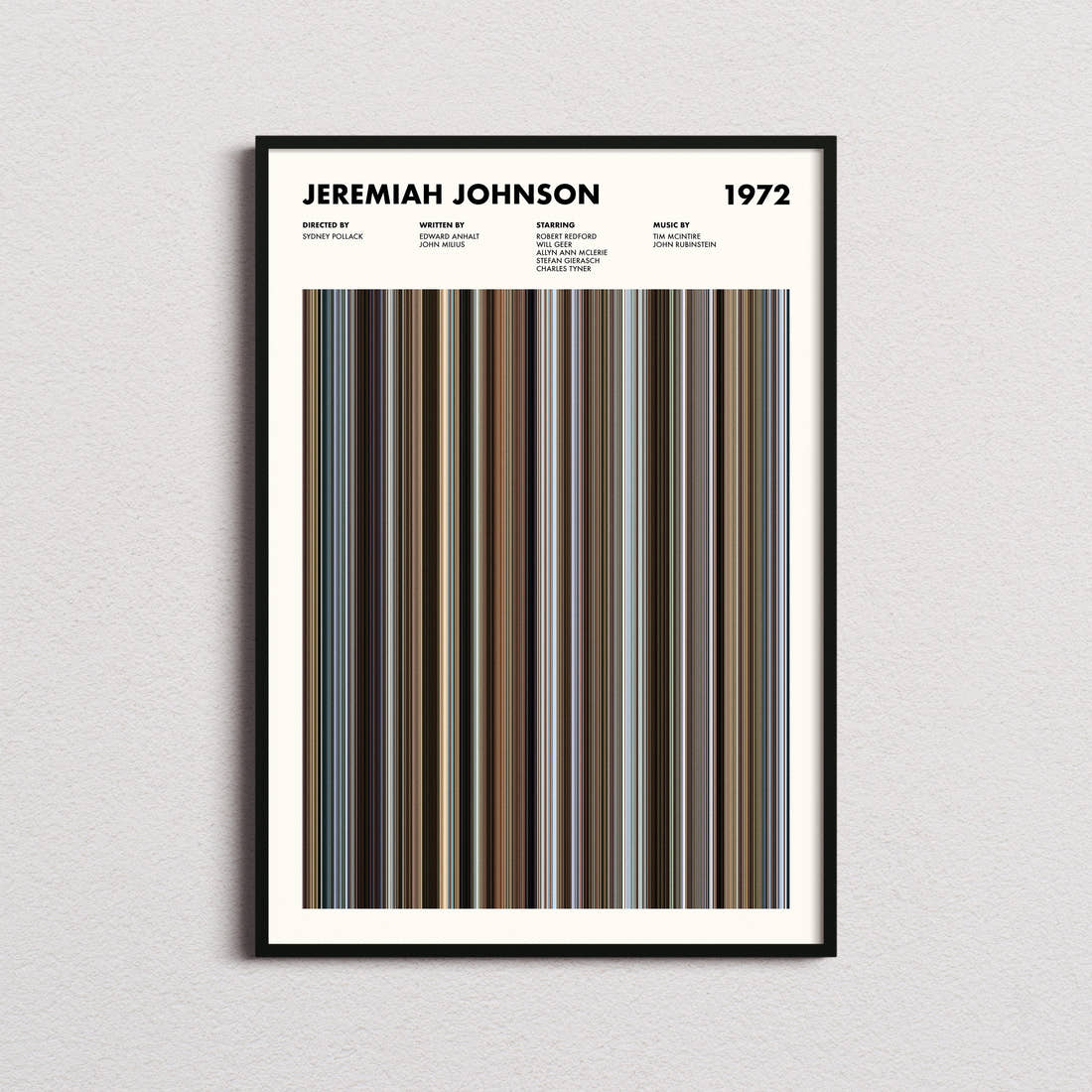 Jeremiah Johnson Movie Barcode Poster framed on a plain studio wall
