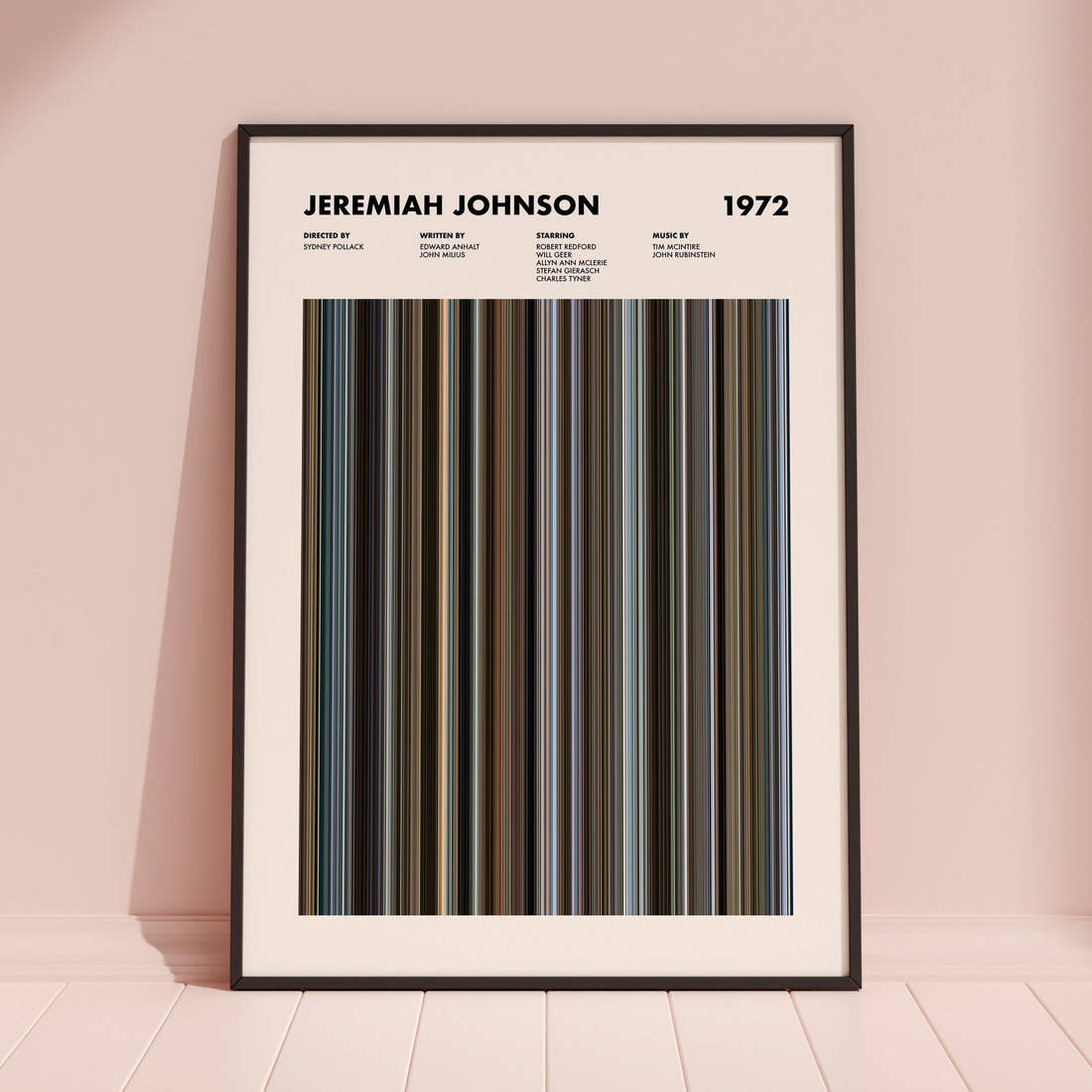 Jeremiah Johnson Movie Barcode Poster framed and leaning against a coloured wall