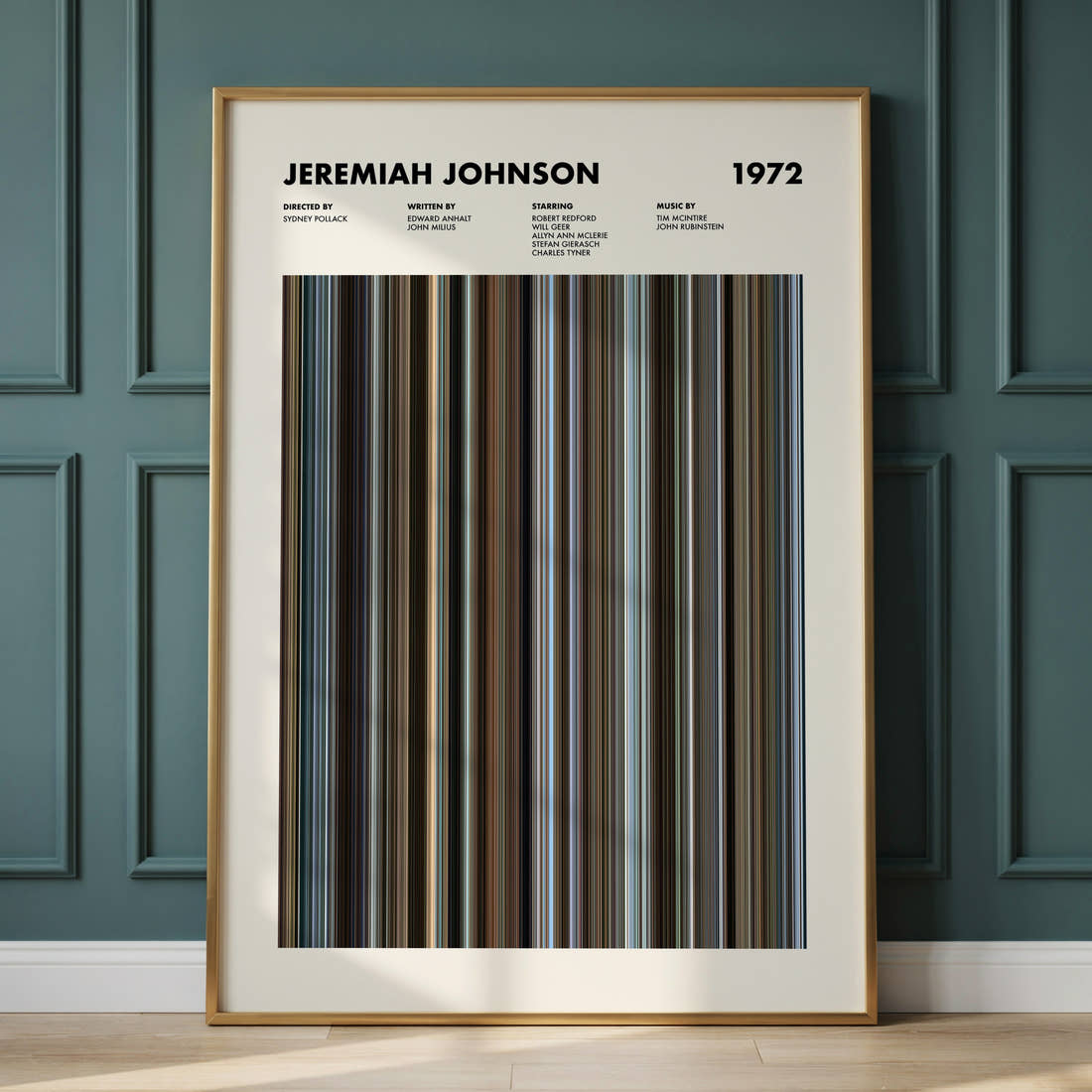 Jeremiah Johnson Movie Barcode Poster framed and leaning against a panelled wall
