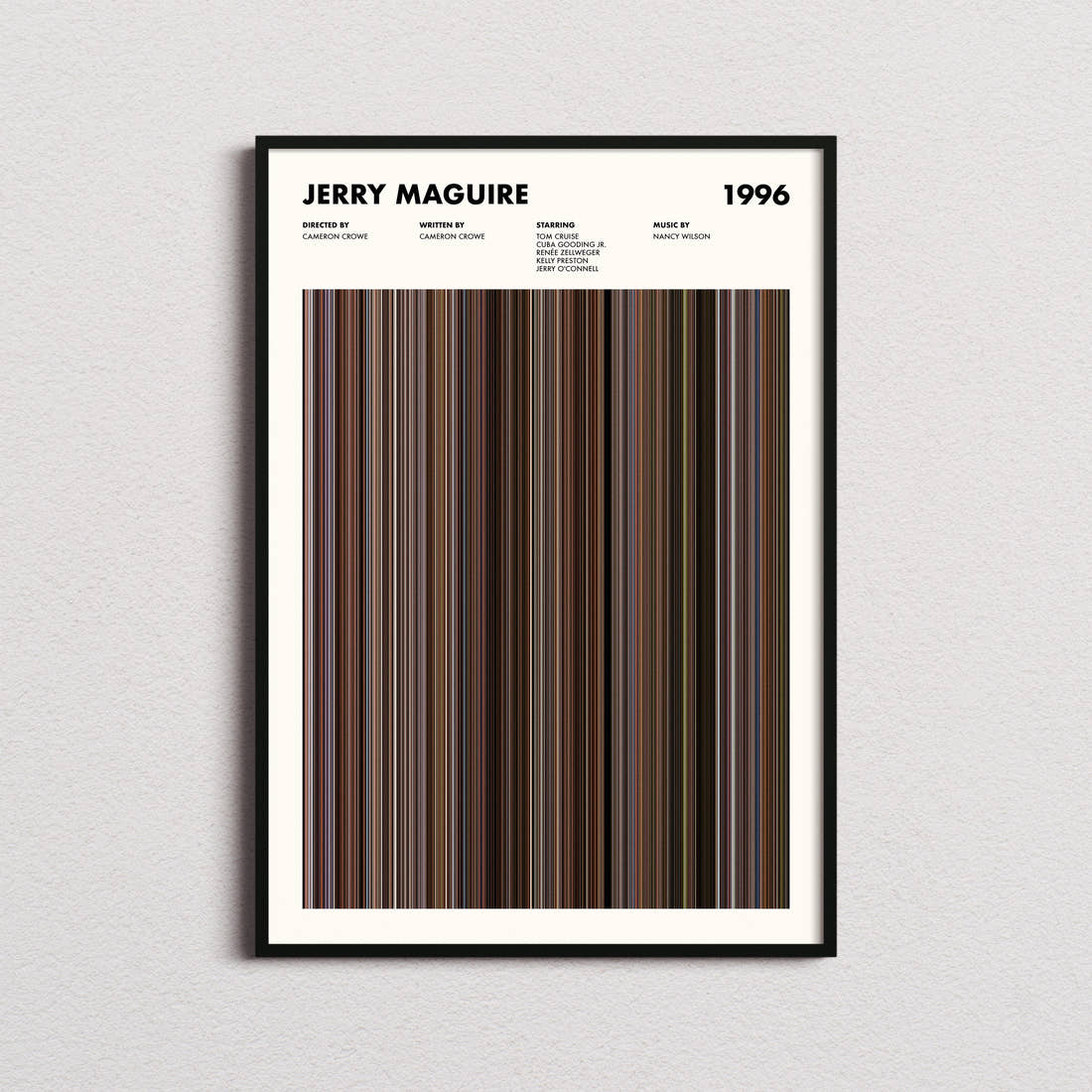Jerry Maguire Movie Barcode Poster framed on a plain studio wall