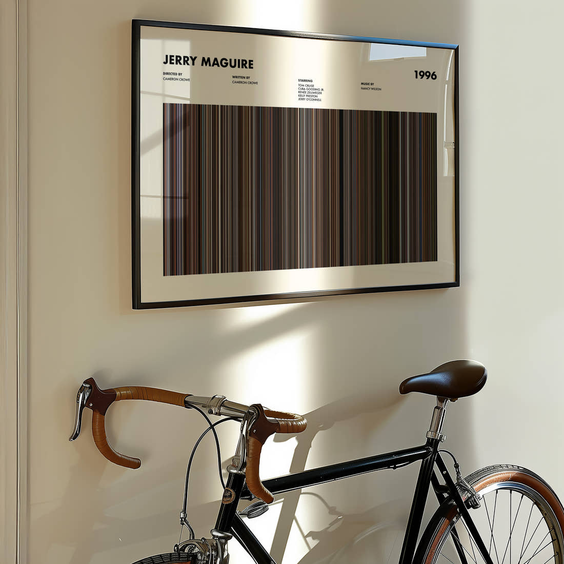 Jerry Maguire Movie Barcode Poster framed on the wall of a styled room setting