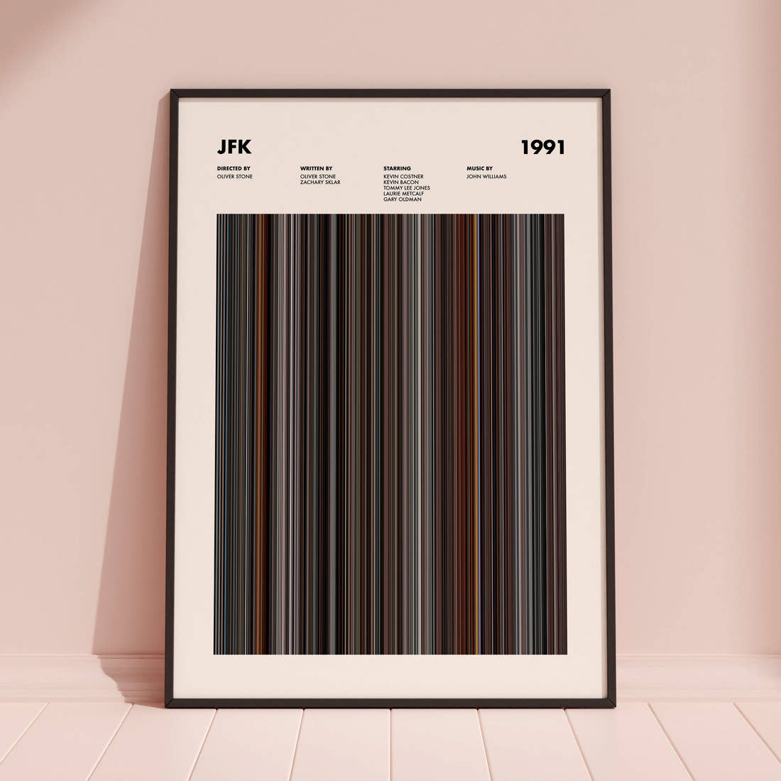 JFK Movie Barcode Poster framed and leaning against a coloured wall