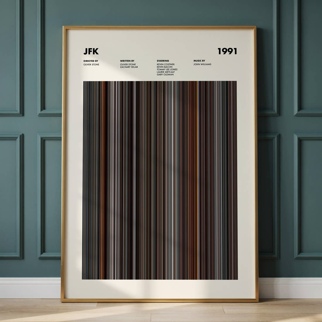 JFK Movie Barcode Poster framed and leaning against a panelled wall