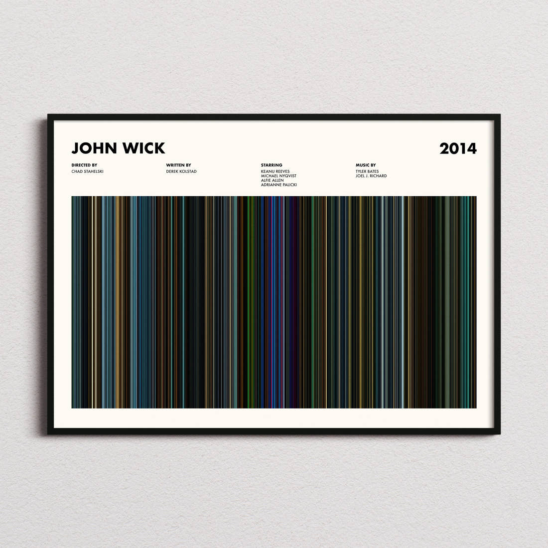 John Wick Movie Barcode Poster framed and photographed straight on