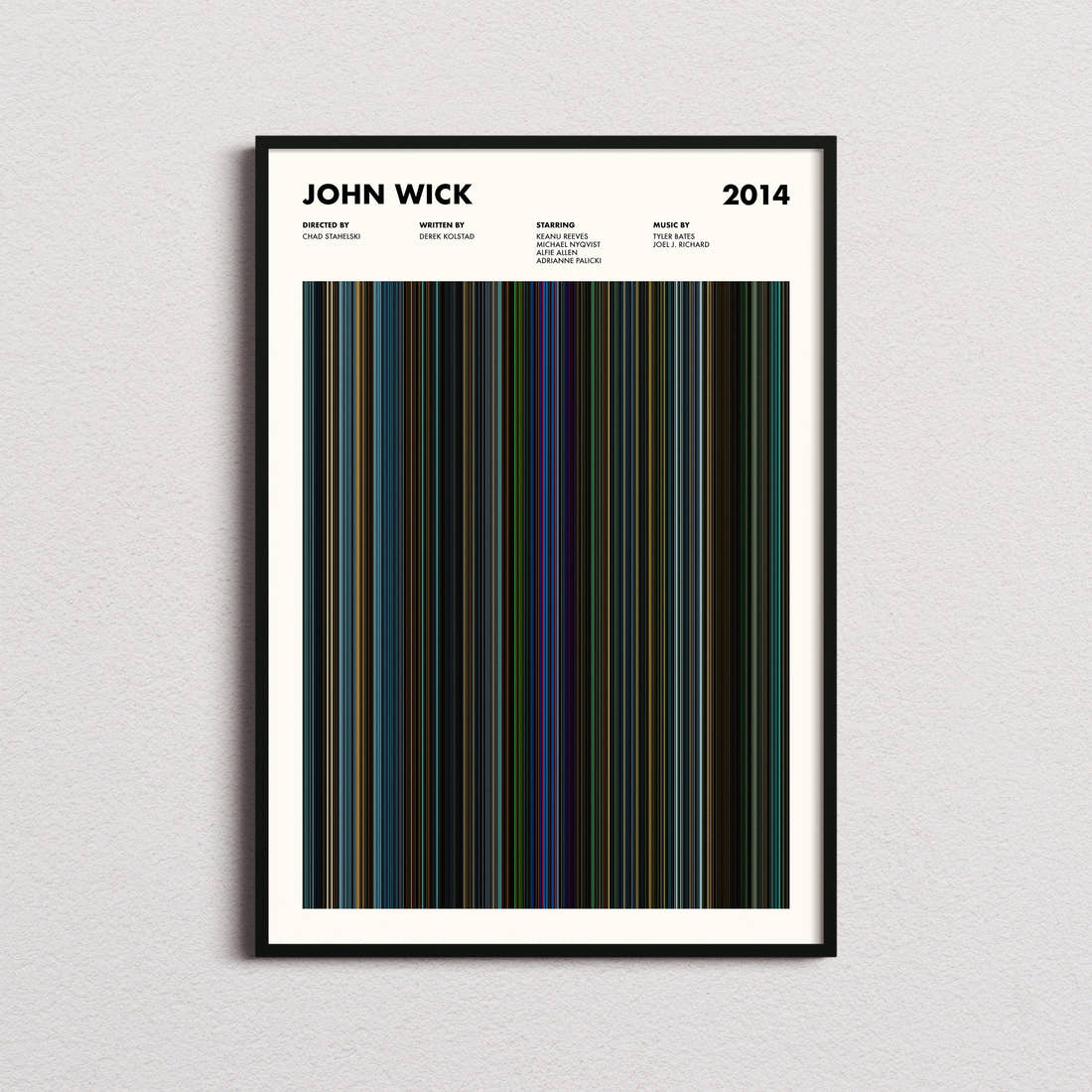 John Wick Movie Barcode Poster framed on a plain studio wall