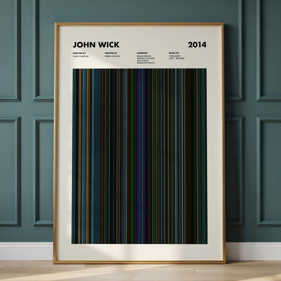 John Wick Movie Barcode Poster framed and leaning against a panelled wall