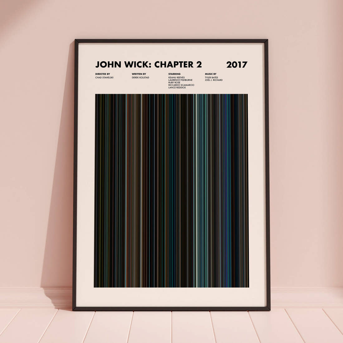John Wick Chapter 2 Movie Barcode Poster framed and leaning against a coloured wall