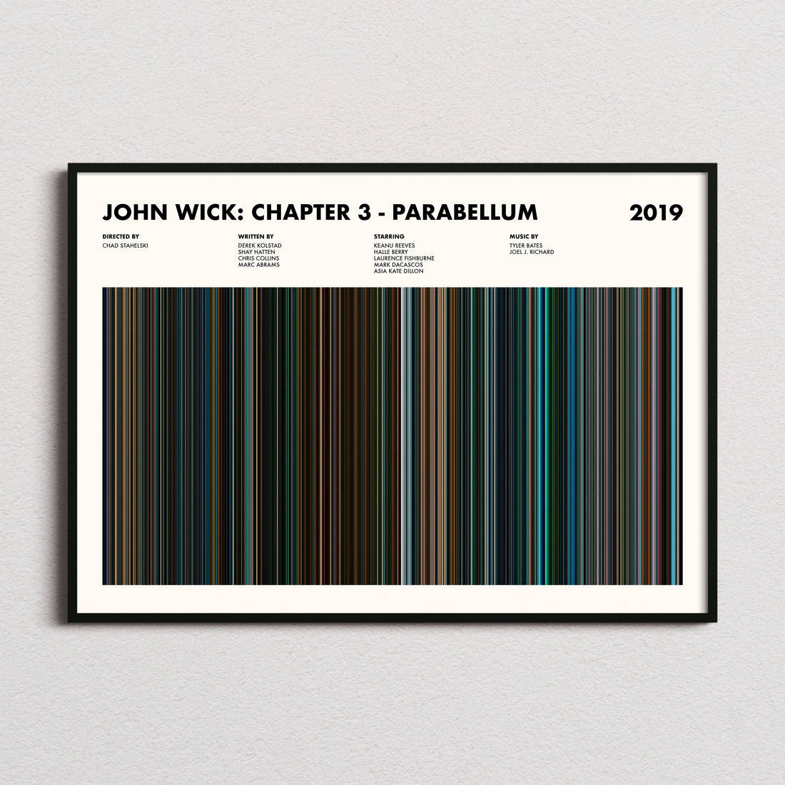 John Wick Chapter 3 Parabellum Movie Barcode Poster framed and photographed straight on
