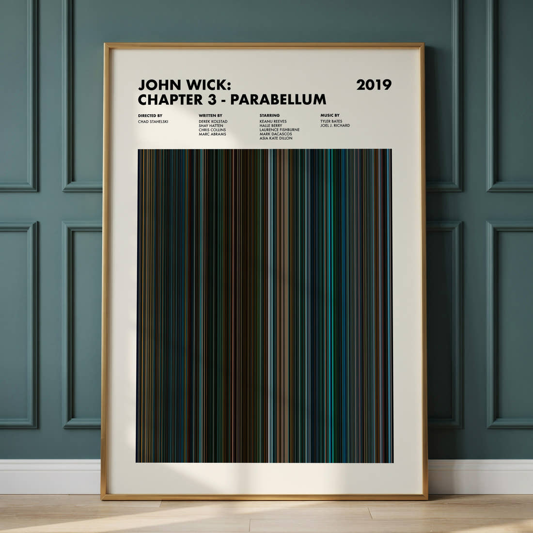 John Wick Chapter 3 Parabellum Movie Barcode Poster framed and leaning against a panelled wall