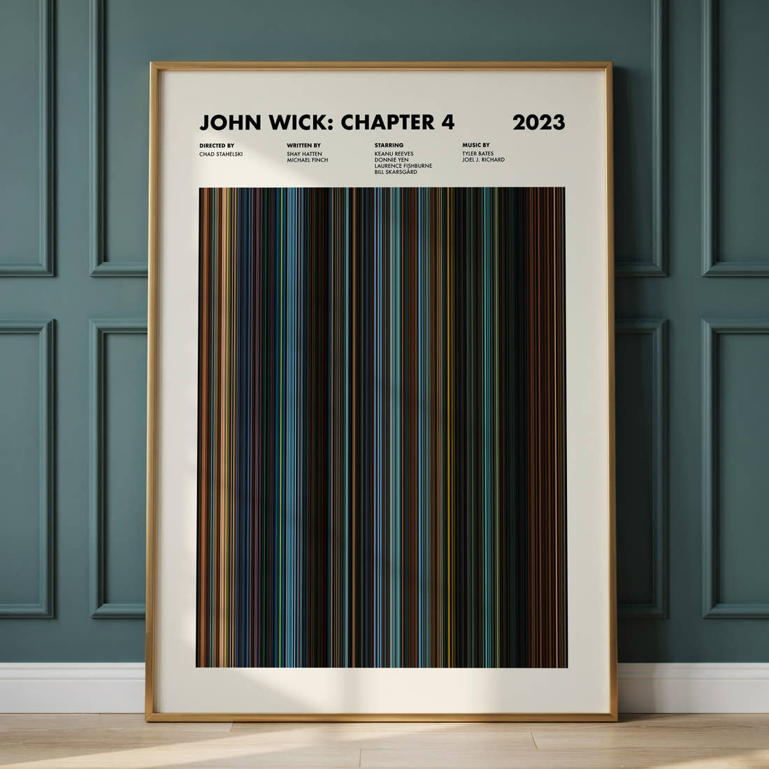John Wick Chapter 4 Movie Barcode Poster framed and leaning against a panelled wall