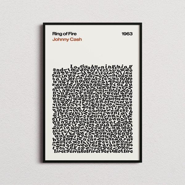 Johnny Cash Ring of Fire Lyric Print in the cream colourway, framed