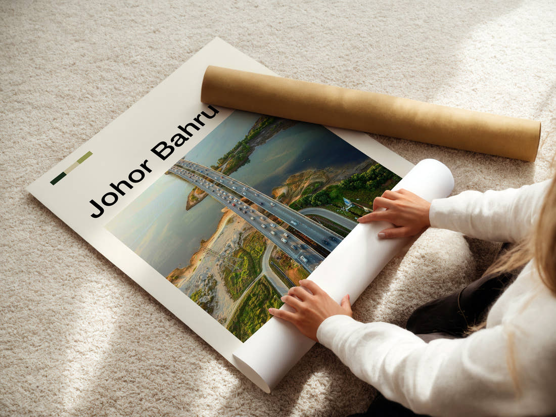 Johor Bahru Aerial Causeway View Travel Print being unrolled from its postal tube