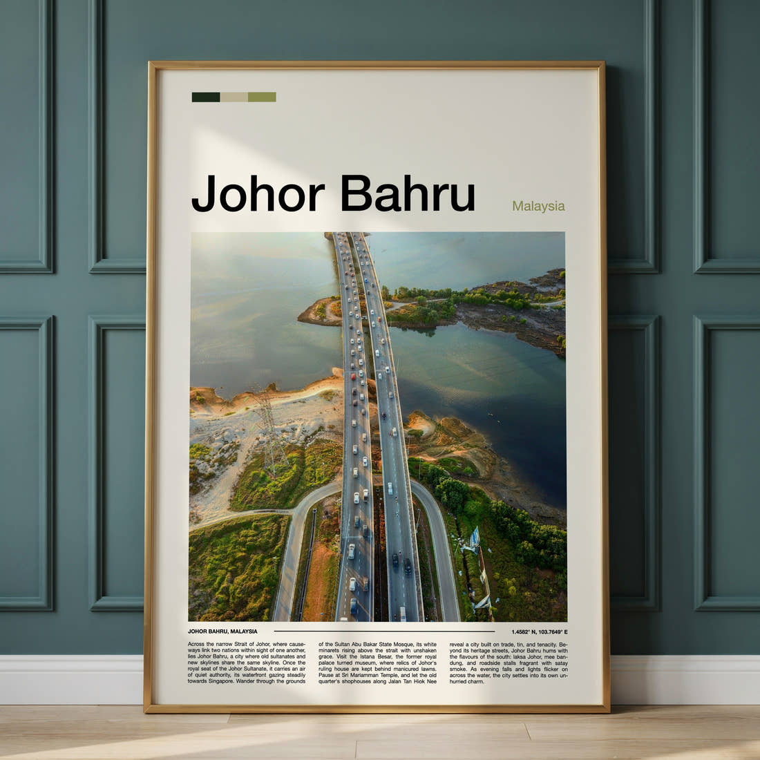 Johor Bahru Aerial Causeway View Travel Print framed on the wall of a calm, neutral bedroom