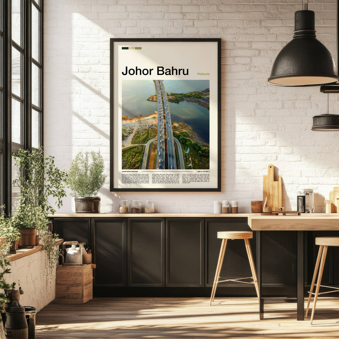 Johor Bahru Aerial Causeway View Travel Print framed on the wall of a bright kitchen and dining space