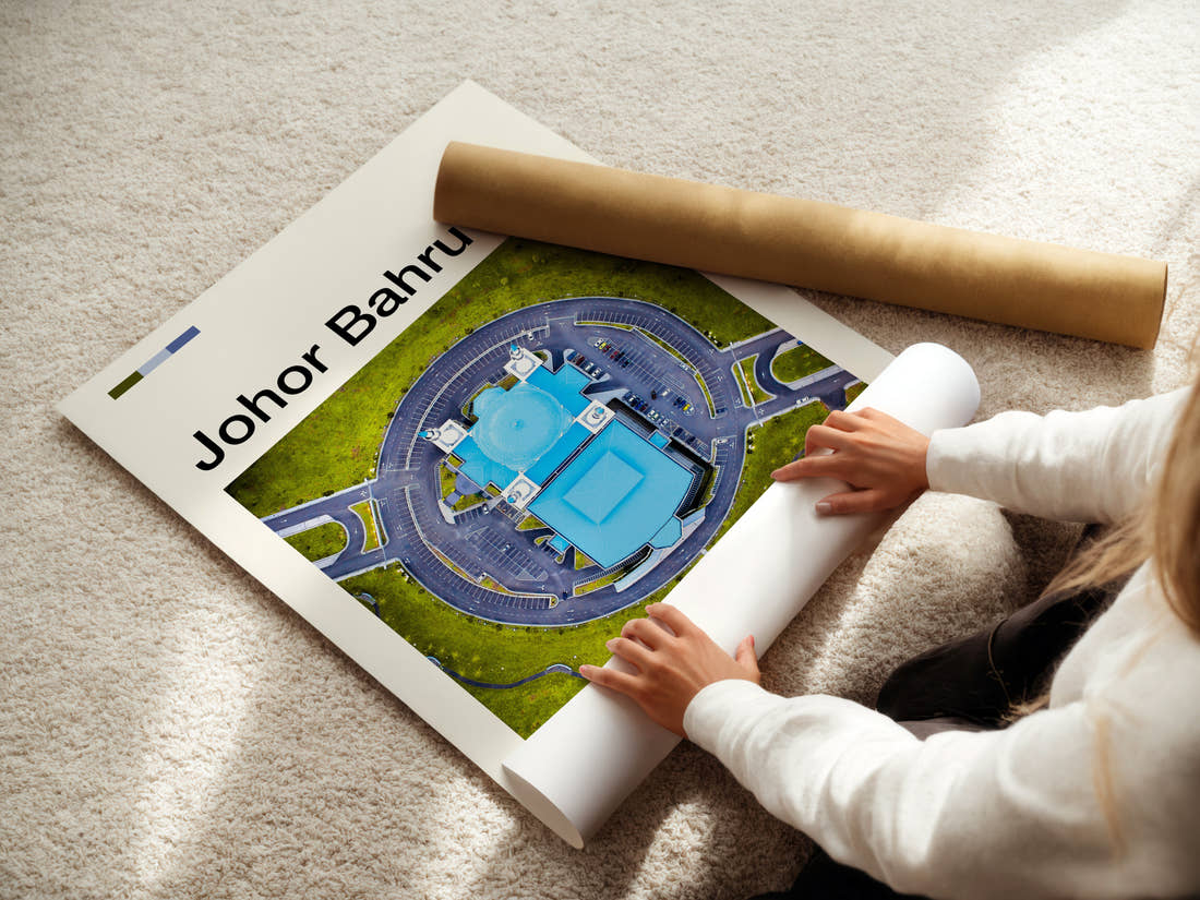 Johor Bahru Aerial Mosque View Travel Print being unrolled from its postal tube