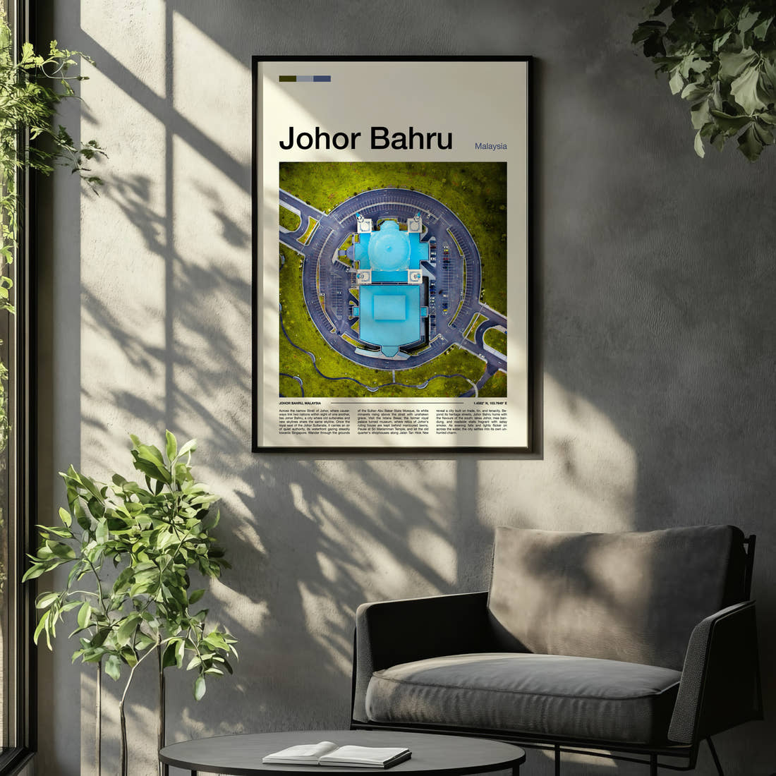 Johor Bahru Aerial Mosque View Travel Print framed on the wall of a relaxed living room