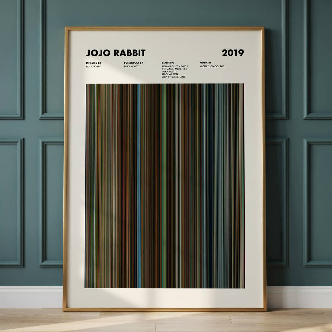 Jojo Rabbit Movie Barcode Poster framed and leaning against a panelled wall
