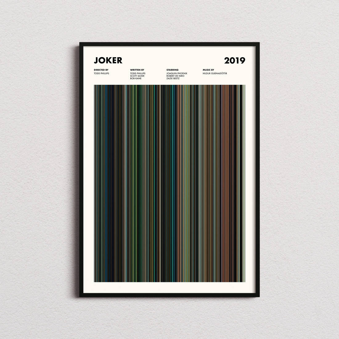 Joker Movie Barcode Poster framed on a plain studio wall