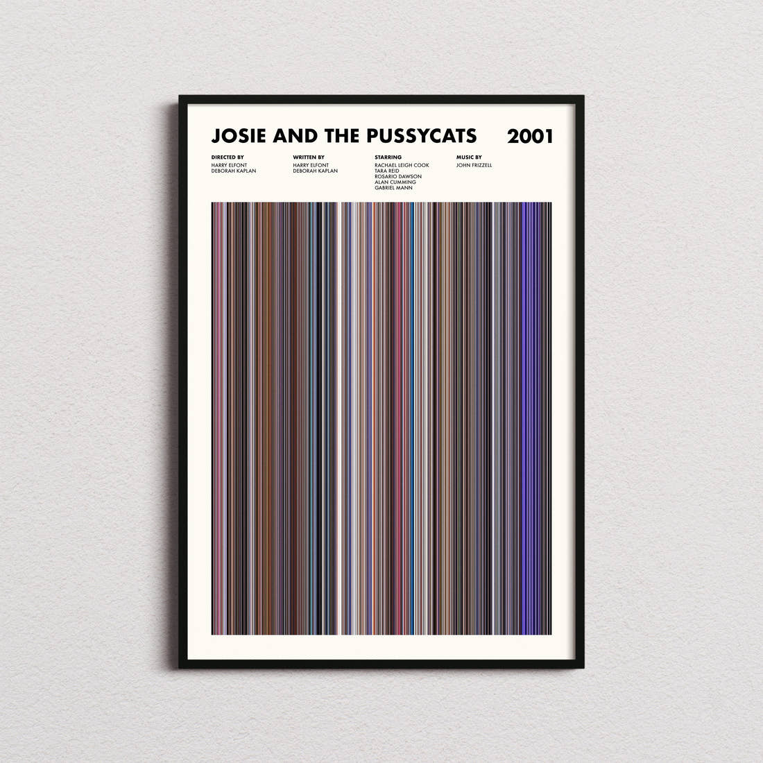 Josie And The Pussycats Movie Barcode Poster framed on a plain studio wall