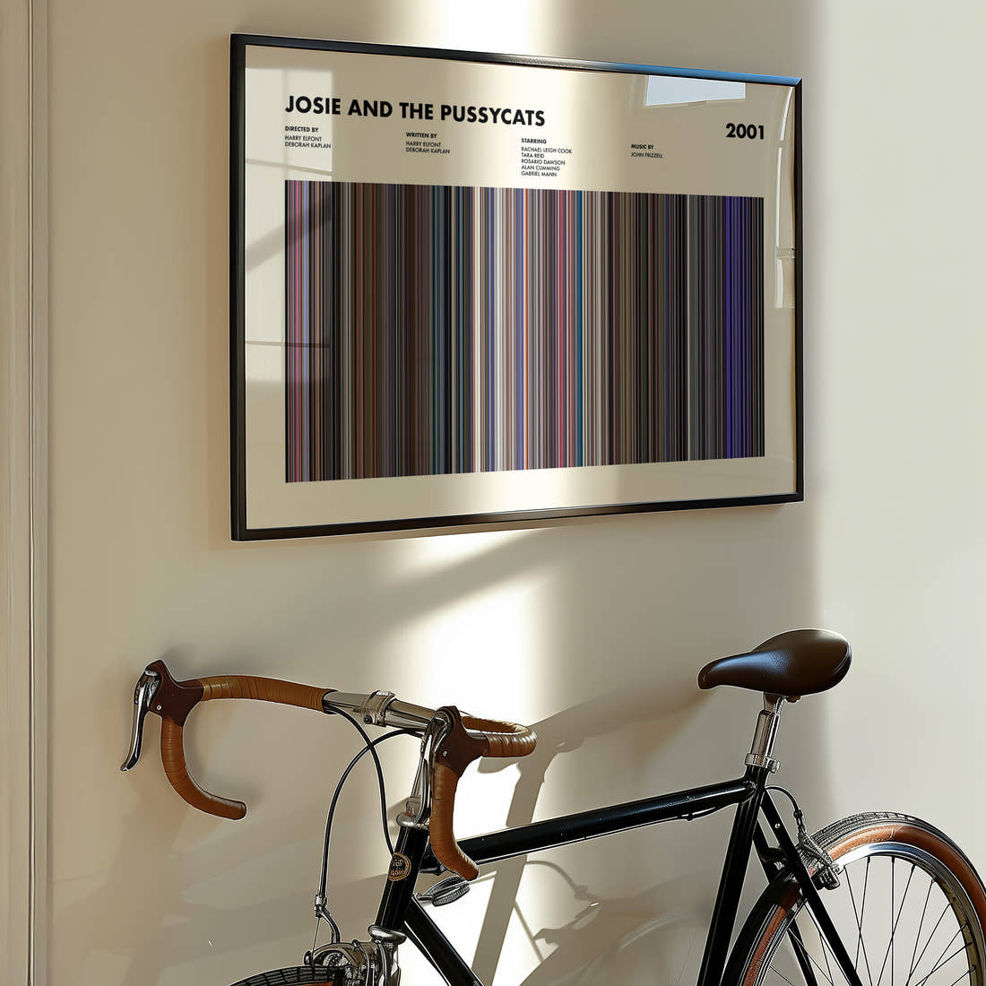 Josie And The Pussycats Movie Barcode Poster framed on the wall of a styled room setting