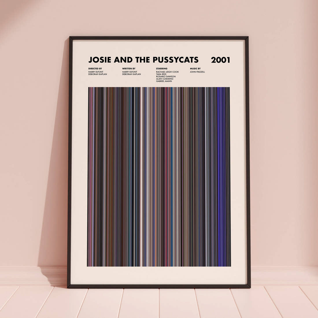 Josie And The Pussycats Movie Barcode Poster framed and leaning against a coloured wall