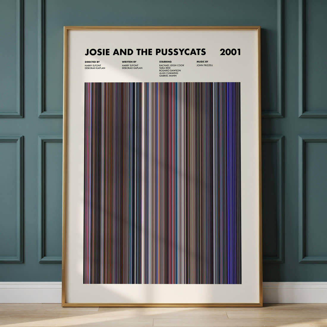 Josie And The Pussycats Movie Barcode Poster framed and leaning against a panelled wall