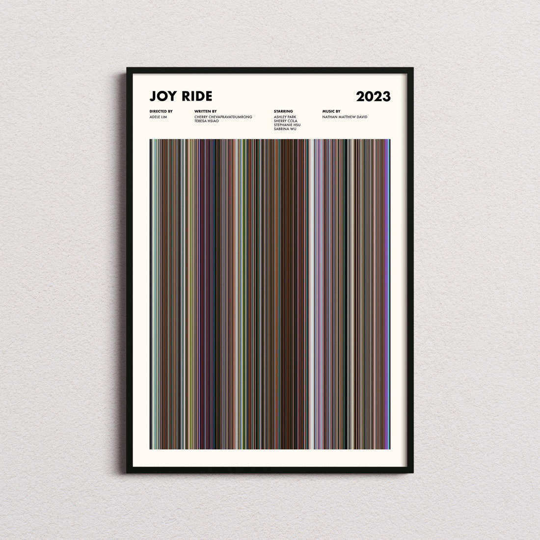 Joy Ride Movie Barcode Poster framed on a plain studio wall