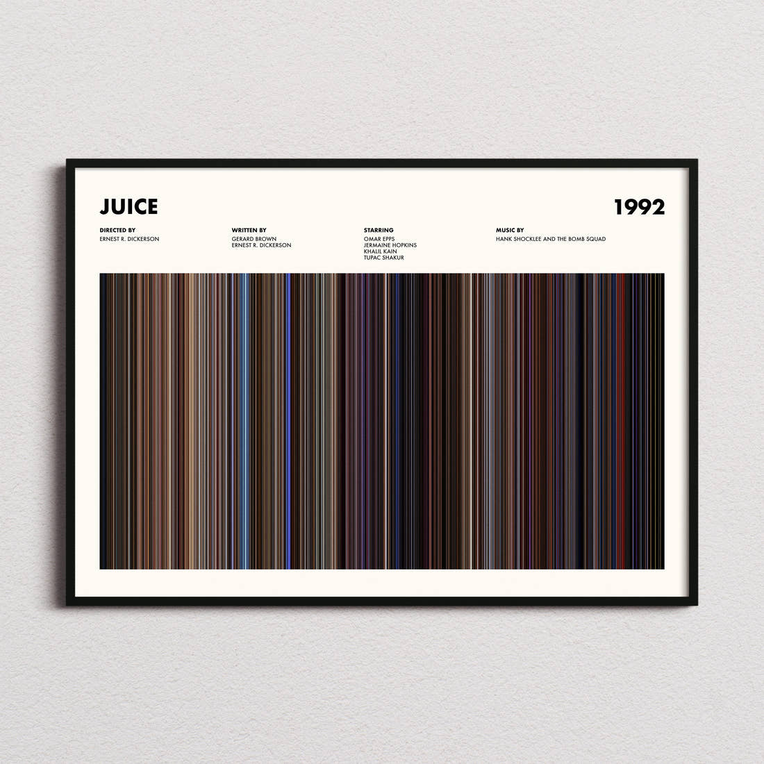 Juice Movie Barcode Poster framed and photographed straight on