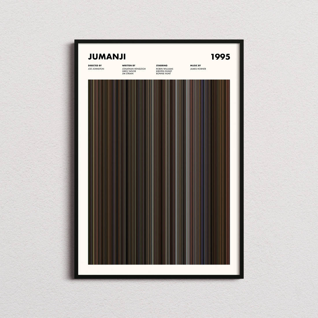 Jumanji Movie Barcode Poster framed on a plain studio wall