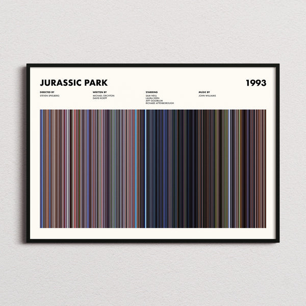 Jurassic Park Movie Barcode Poster framed and photographed straight on