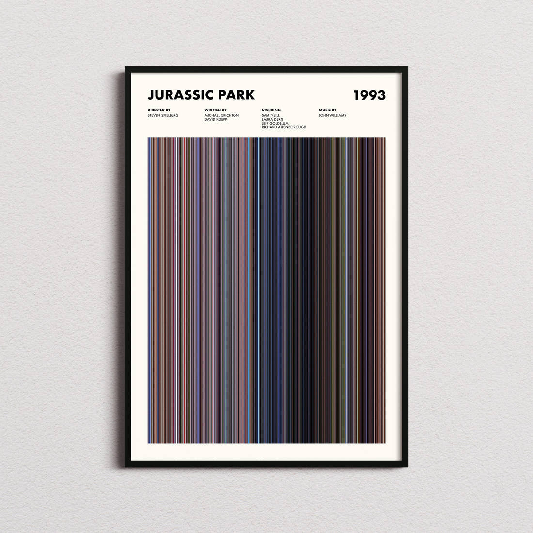 Jurassic Park Movie Barcode Poster framed on a plain studio wall