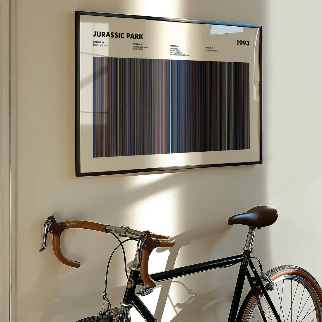 Jurassic Park Movie Barcode Poster framed on the wall of a styled room setting