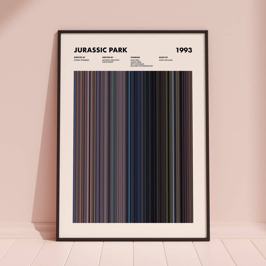 Jurassic Park Movie Barcode Poster framed and leaning against a coloured wall