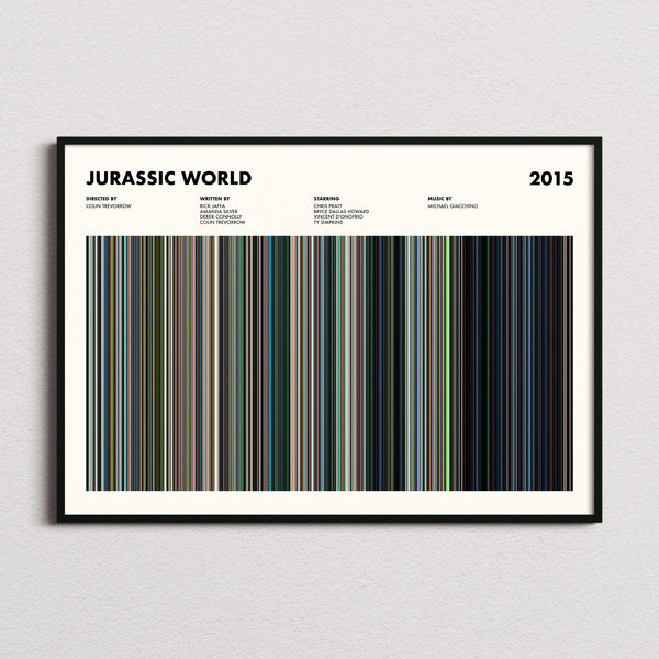Jurassic World Movie Barcode Poster framed and photographed straight on
