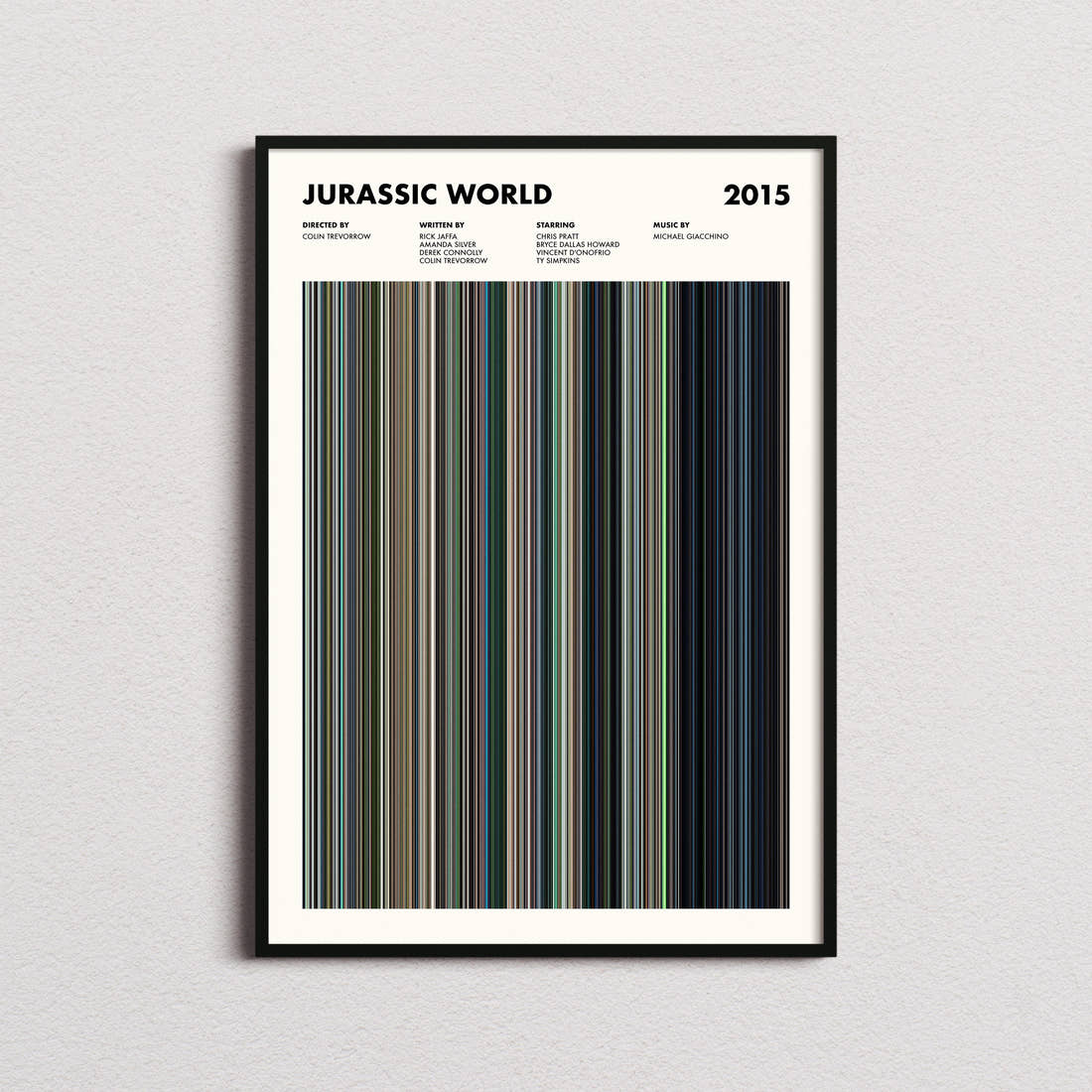 Jurassic World Movie Barcode Poster framed on a plain studio wall