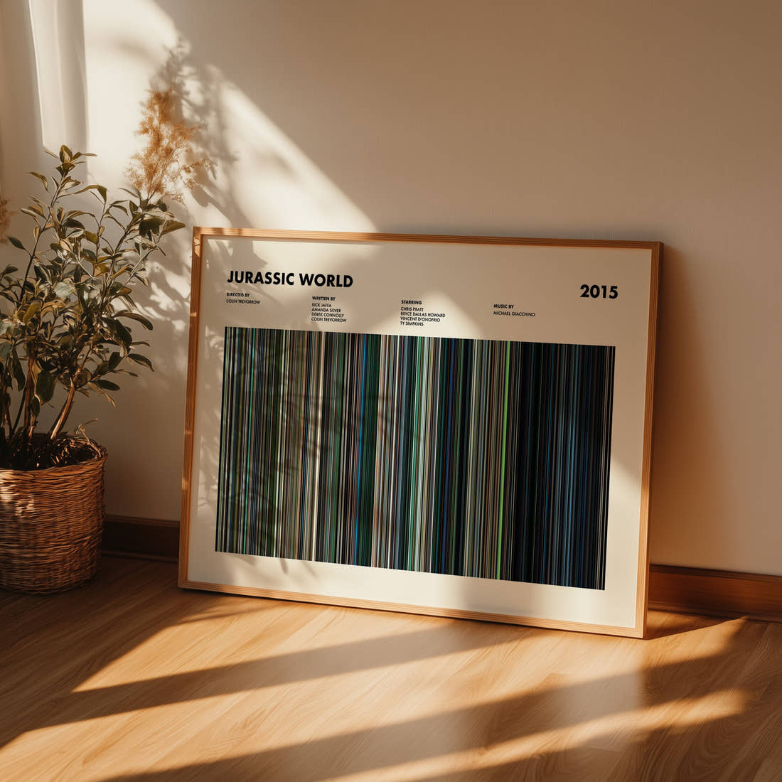 Jurassic World Movie Barcode Poster framed and leaning against a wall on a wooden floor