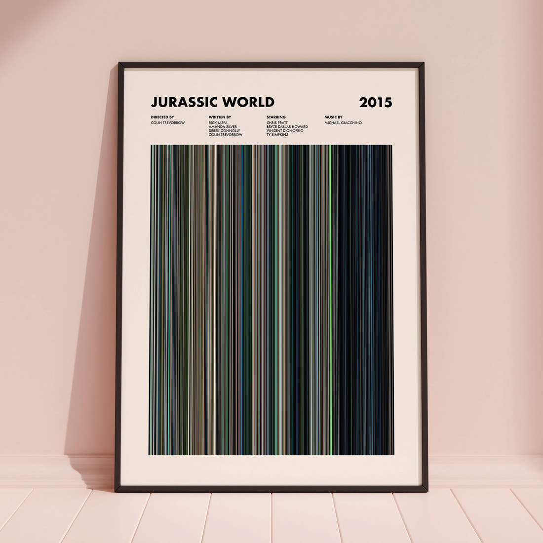 Jurassic World Movie Barcode Poster framed and leaning against a coloured wall