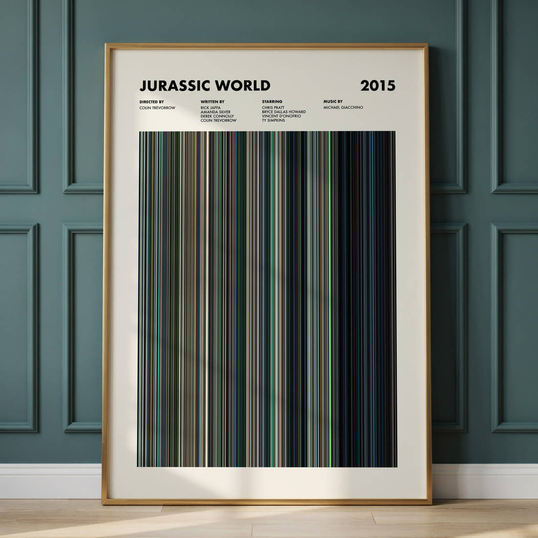 Jurassic World Movie Barcode Poster framed and leaning against a panelled wall