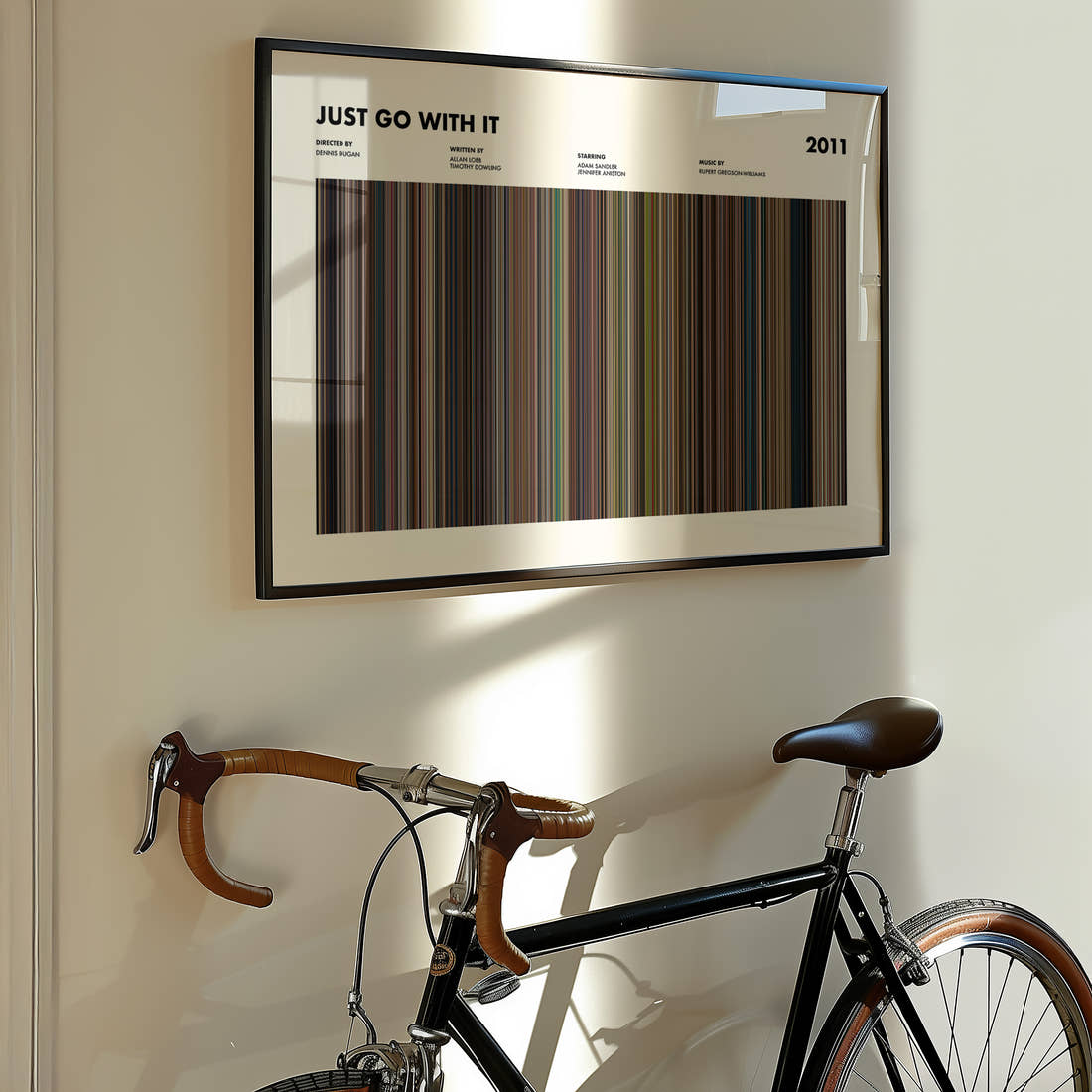Just Go With It Movie Barcode Poster framed on the wall of a styled room setting