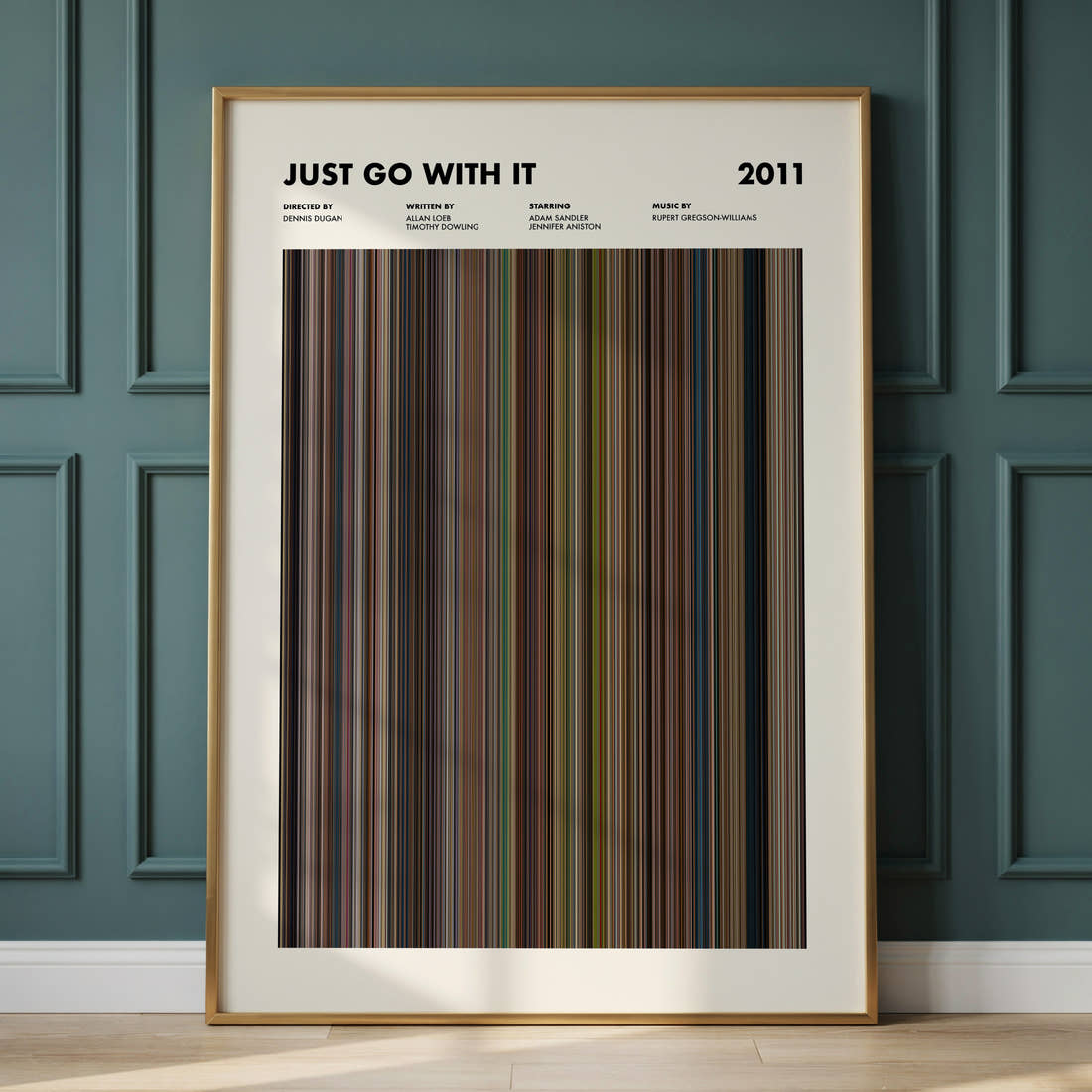 Just Go With It Movie Barcode Poster framed and leaning against a panelled wall