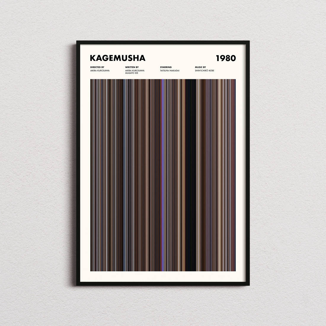 Kagemusha Movie Barcode Poster framed on a plain studio wall