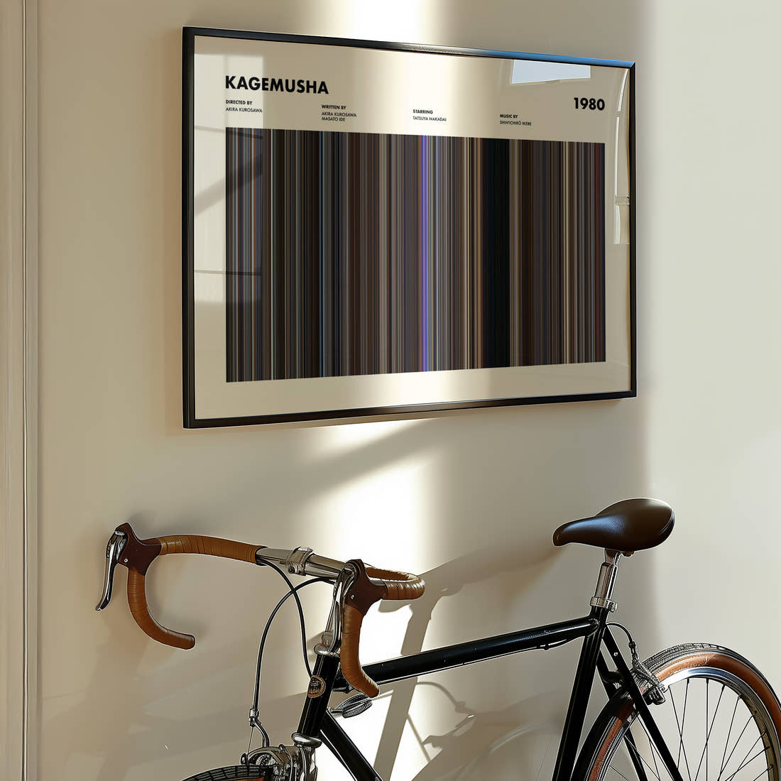 Kagemusha Movie Barcode Poster framed on the wall of a styled room setting