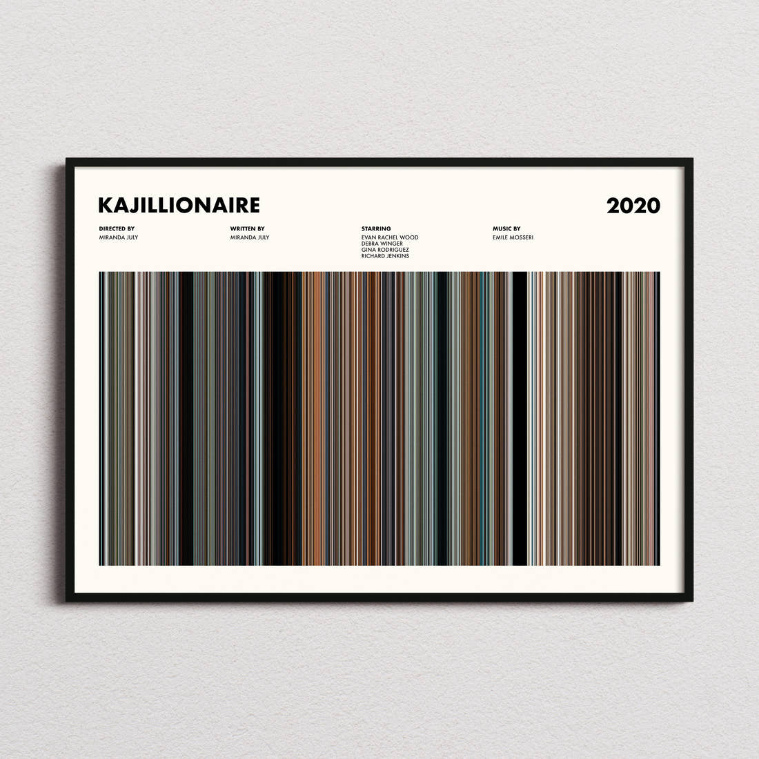 Kajillionaire Movie Barcode Poster framed and photographed straight on