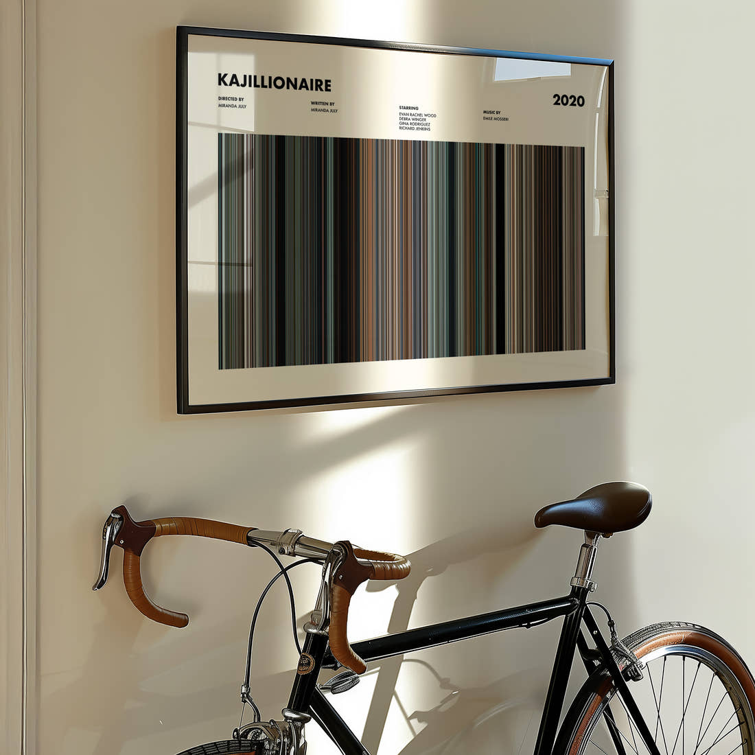Kajillionaire Movie Barcode Poster framed on the wall of a styled room setting